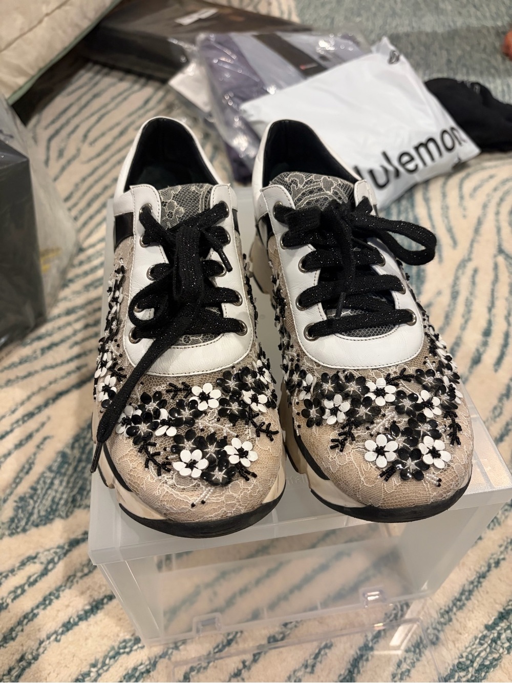 Rene Caovilla Black White Floral Lace Sneakers